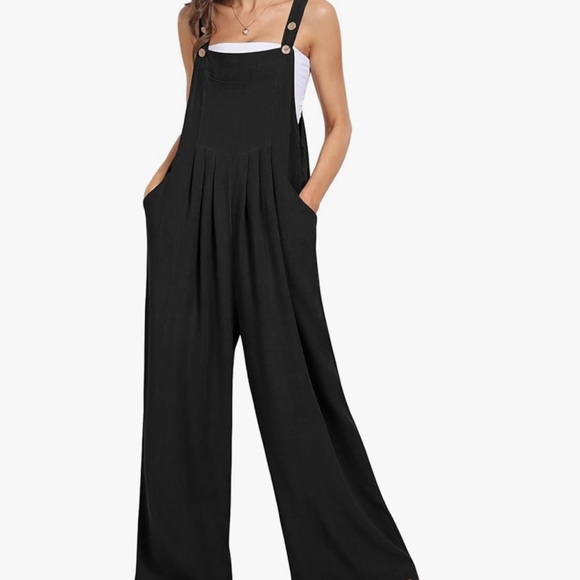 Black Wide Leg Jumpsuit with Adjustable Straps Linen XL short - Picture 9 of 12